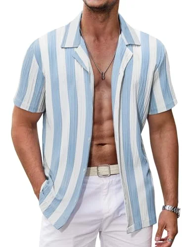 COOFANDY Men's Blue Stripe Linen Shirt - Rank 7 in Amazon’s Best Beachwear Deals Are Going Fast—Don’t Miss Out! 🏖️
