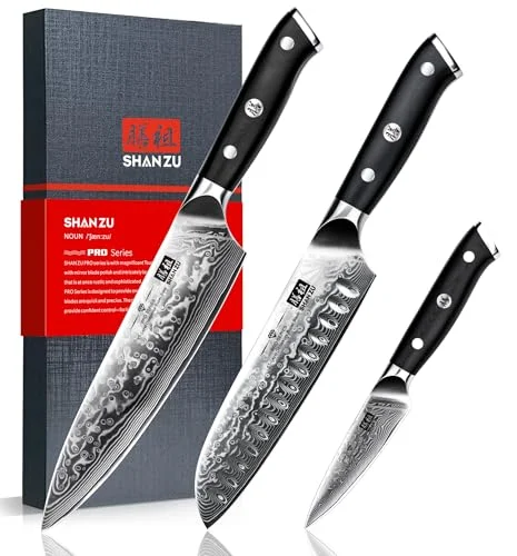 Shan Zu Damascus Knife Set 3 PCS - Rank 2 in Best Japanese Knifes of 2025