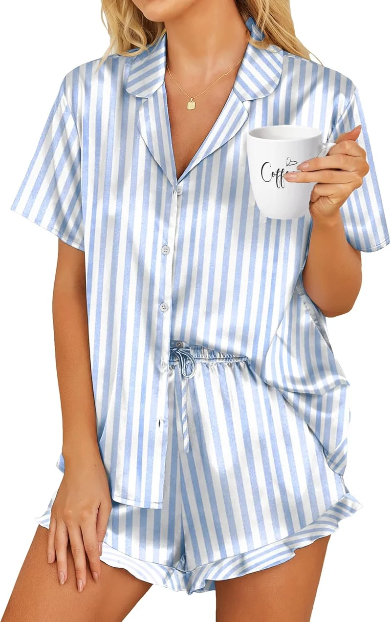 HOTOUCH Women's Silk Satin Pajama Set Blue Striped - Rank 8 in Best Pj Set of 2025