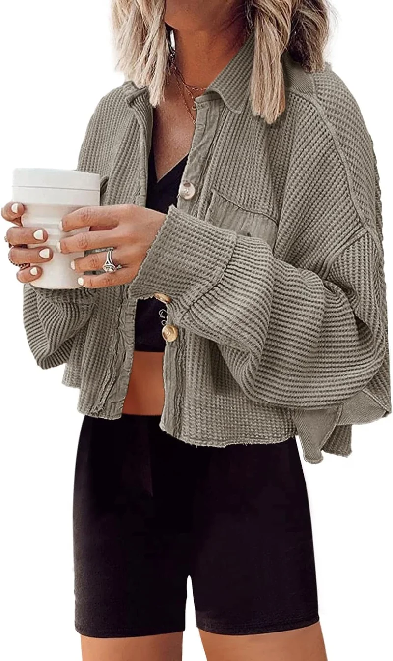 Panadila Women's Cropped Waffle Knit Shacket - Rank 9 in Best Shacket of 2025