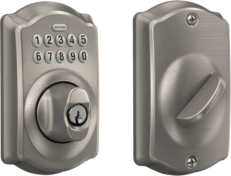 ‎SCHLAGE BE365 Camelot Keypad Deadbolt Satin Nickel - Rank 10 in Best Keyless Deadbolt of 2025