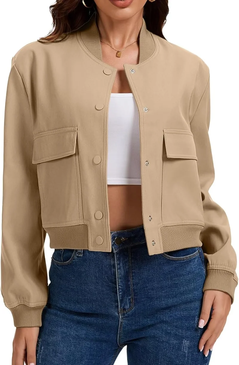 Women's Solid Cropped Bomber Jacket Khaki - Rank 9 in Best Cropped Jacket of 2025