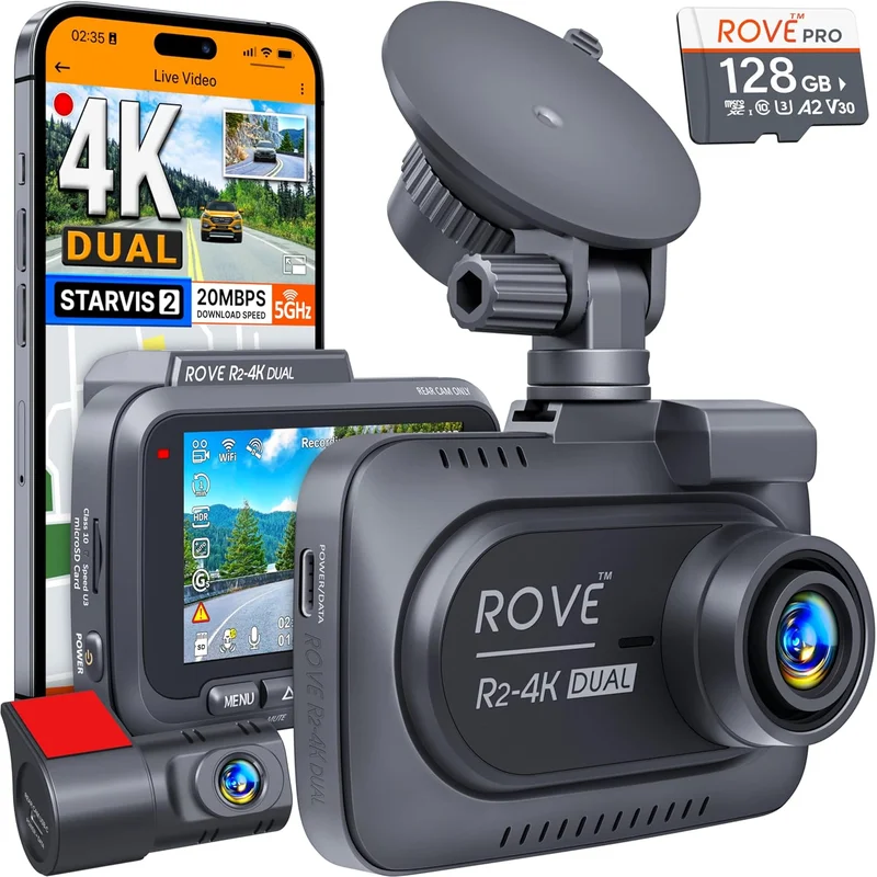 ROVE R2-4K Dual Dash Cam with 128GB Card - Rank 1 in Dash Cameras