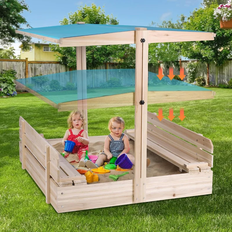 FUNTOK Wooden Sandbox with Canopy and Benches - Rank 6 in Best Sandbox of 2025